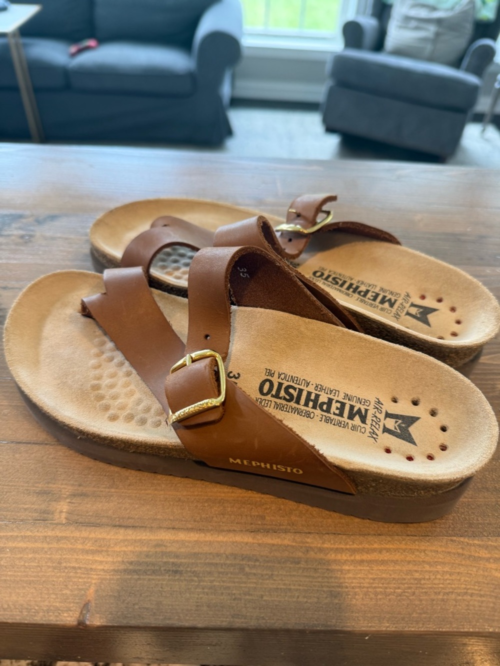 Mephisto Brown Leather Slide Sandals with Gold Buckles size 5 (35) BRAND NEW